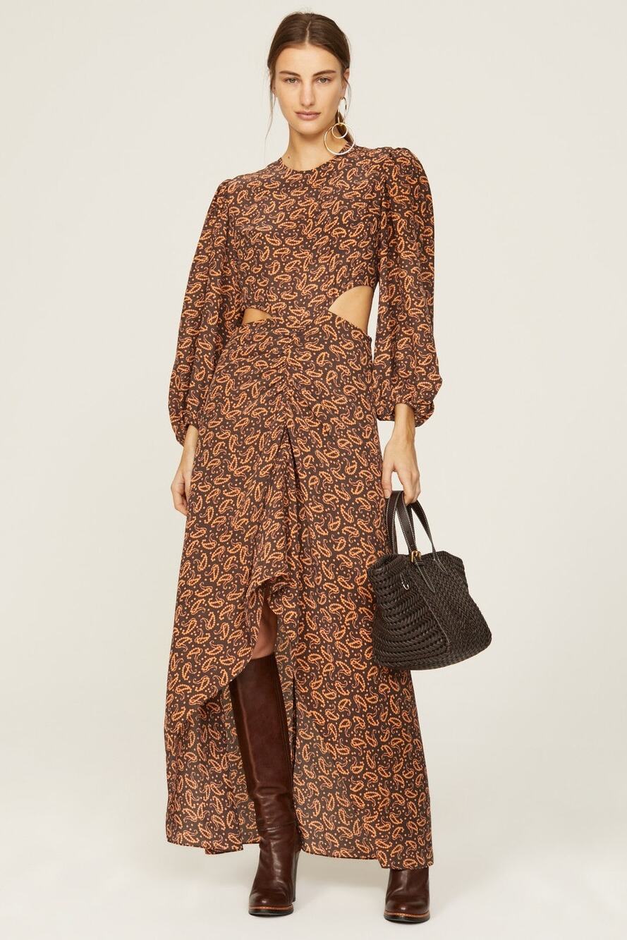 Maje Brown Paisley Print Silk Long Sleeve High Low Waist Cut Out Maxi Dress 8